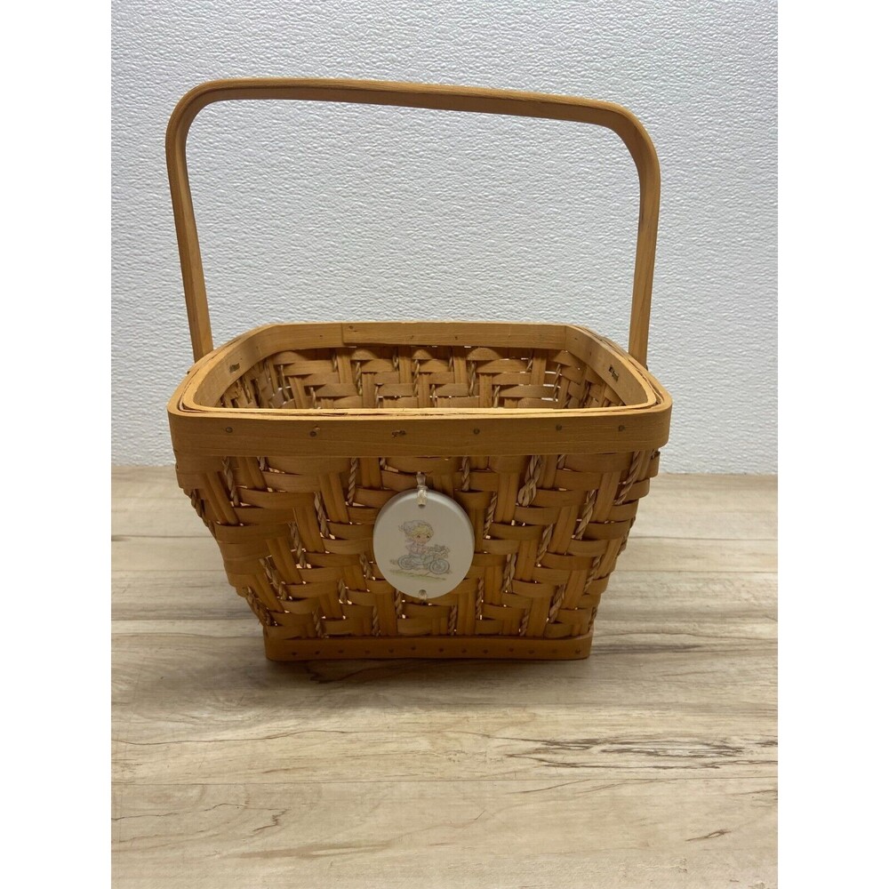 Precious Moments Square Wicker Wooden Basket With Porcelain Ornament
